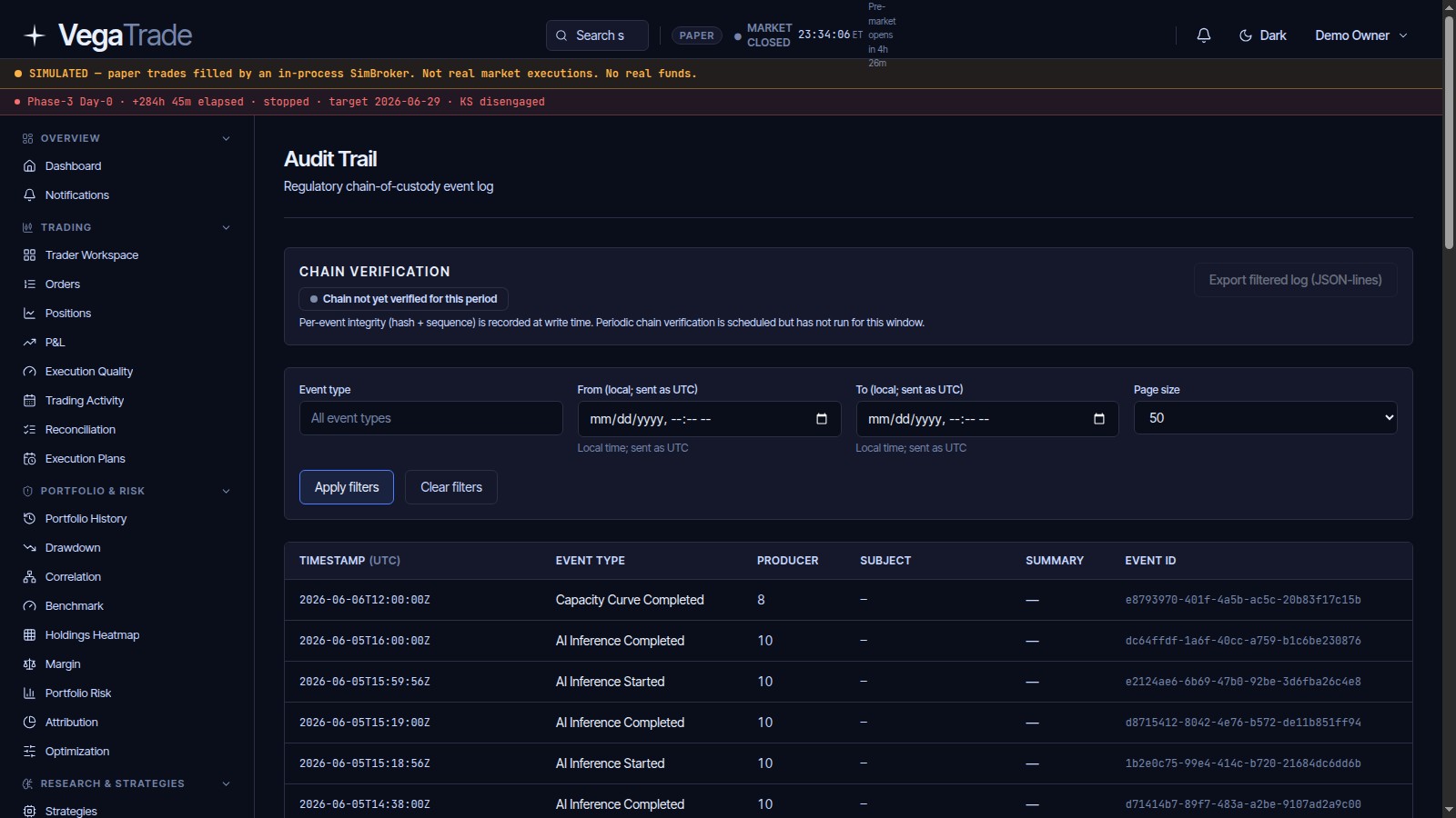 VegaTrade Audit Trail explorer showing the regulatory chain-of-custody event log with chain verification status, event-type and date filters, producer IDs, and per-event identifiers including AI inference events