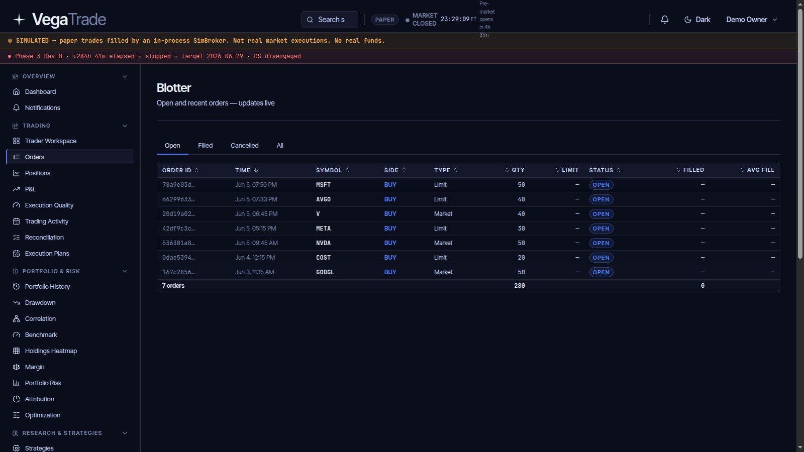 VegaTrade orders blotter showing open and recent orders with order ID, time, symbol, side, type, quantity, limit, status, and fill columns updating live